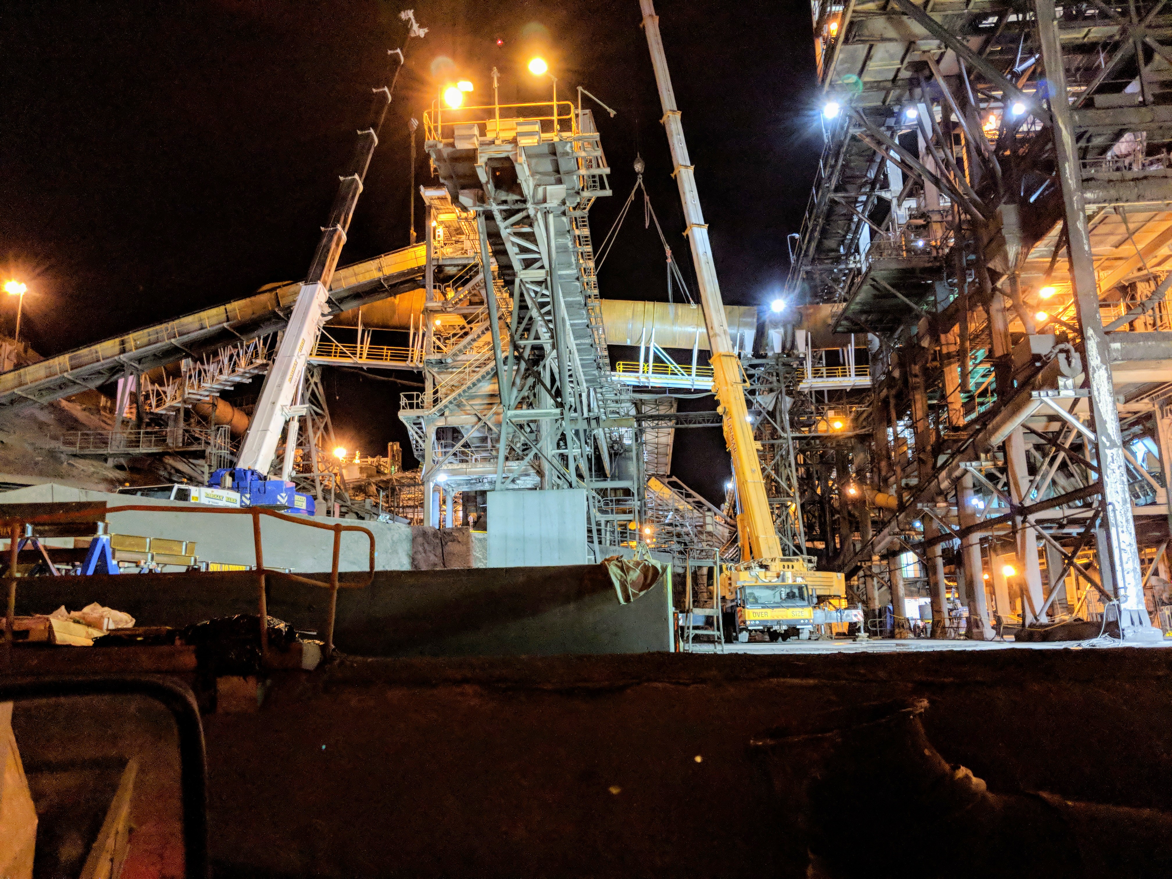 Night crane lift during hygiene flue installation